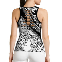 Polynesia Hollow Tank Top Polynesian Tropical Flowers Black Pastel Vibes LT14 - Polynesian Pride
