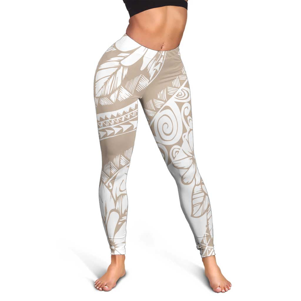 Polynesia Leggings Polynesian Tropical Flowers Beige Pastel Vibes - Polynesian Pride