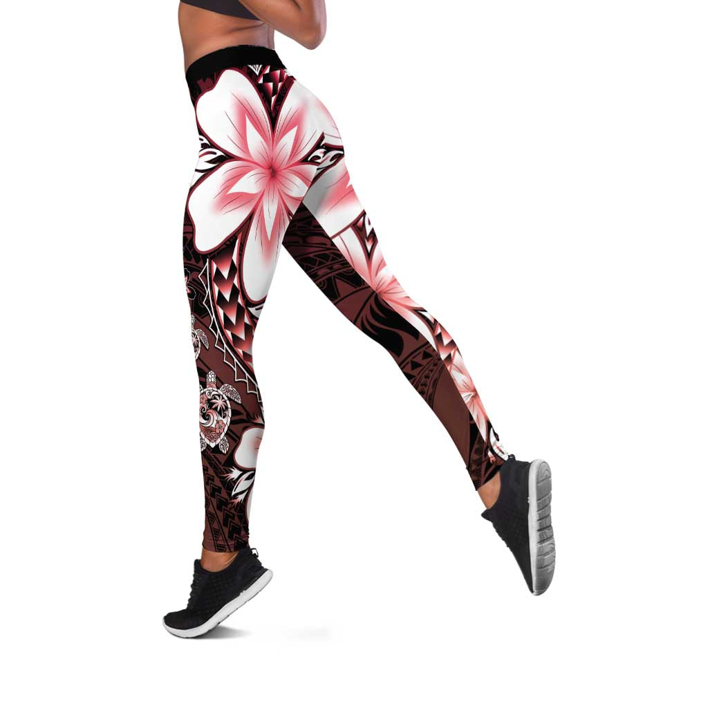 Polynesia Romantic Valentine Leggings Sea Turtle Couple With Red Gradient Plumeria