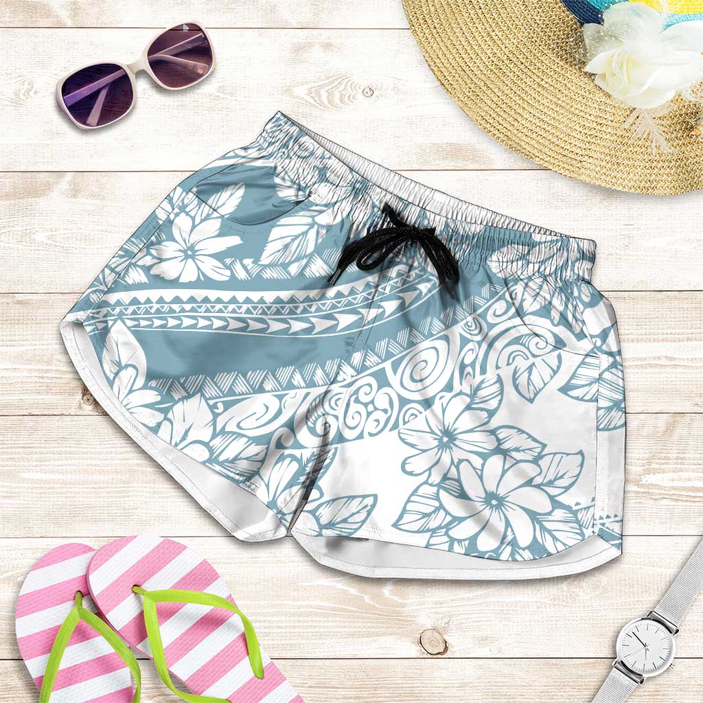 Polynesia Shorts for Women Polynesian Tropical Flowers Blue Pastel Vibes - Polynesian Pride