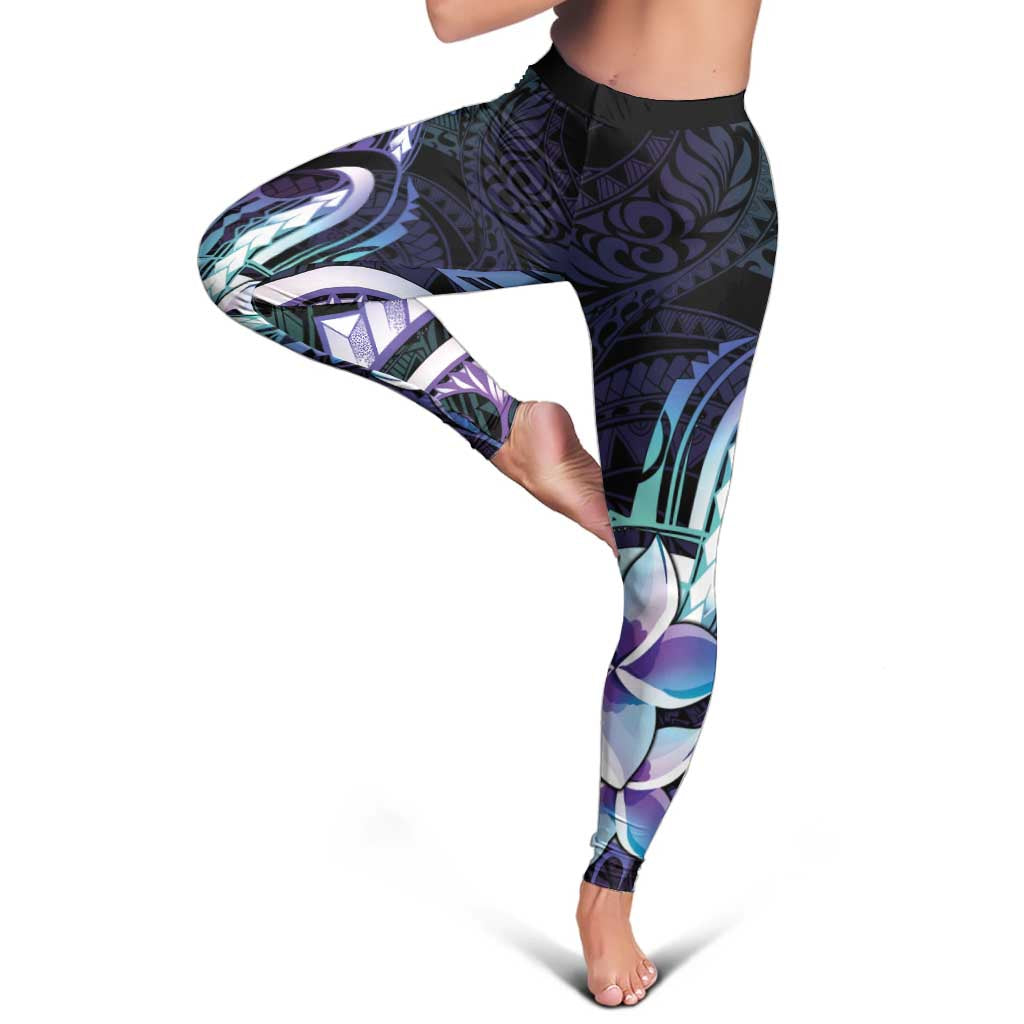 Polynesian Art Tattoo Leggings Plumeria Flowers Turquoise Gradient LT05 - Polynesian Pride