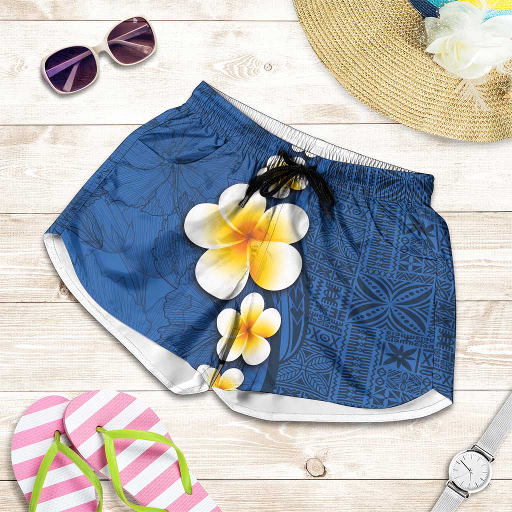 Polynesian Hibiscus and Plumeria Tapa Pattern Shorts for Women Blue Color LT03 Blue - Polynesian Pride