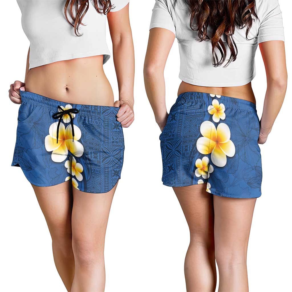 Polynesian Hibiscus and Plumeria Tapa Pattern Shorts for Women Blue Color LT03 - Polynesian Pride