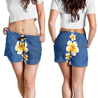 Polynesian Hibiscus and Plumeria Tapa Pattern Shorts for Women Blue Color LT03 - Polynesian Pride