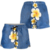 Polynesian Hibiscus and Plumeria Tapa Pattern Shorts for Women Blue Color LT03 - Polynesian Pride
