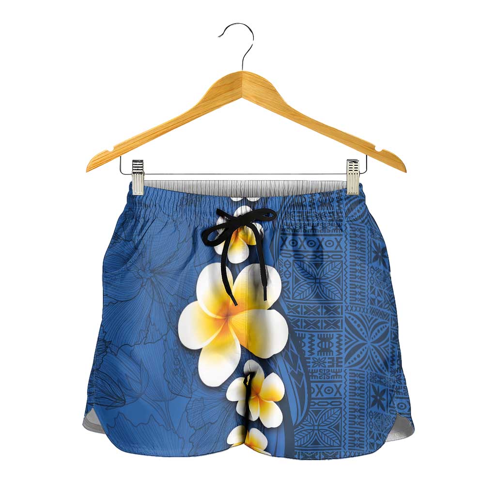 Polynesian Hibiscus and Plumeria Tapa Pattern Shorts for Women Blue Color LT03 - Polynesian Pride
