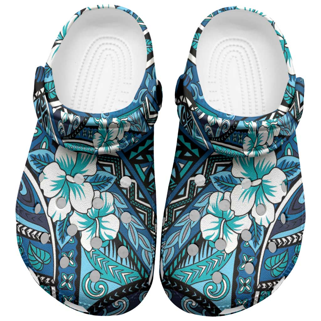 Polynesian Hibiscus Tropical Blue Floral Clogs Shoes Tribal Pattern - Polynesian Pride