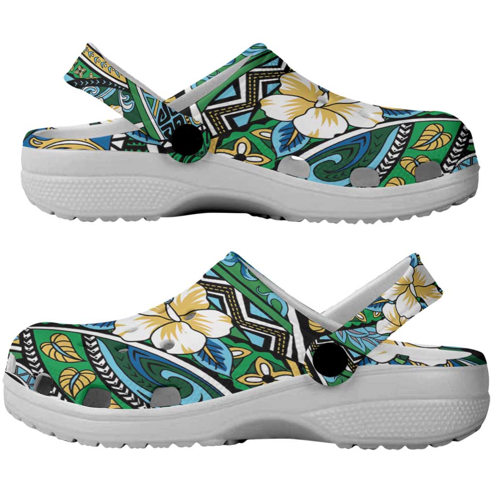 Polynesian Hibiscus Tropical Green Floral Clogs Shoes Tribal Pattern - Polynesian Pride