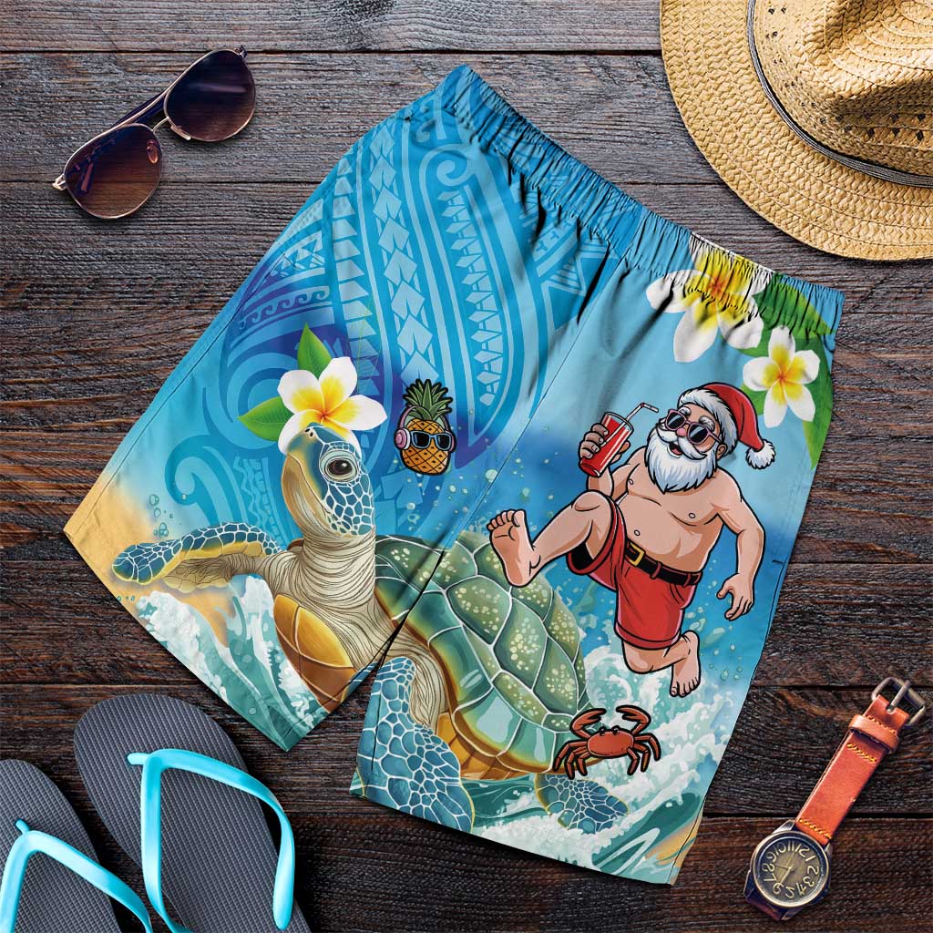 Polynesian Merry Christmas Shorts for Men Funny Santa with Sea Turtle on Beach and Plumeria - Polynesian Pride