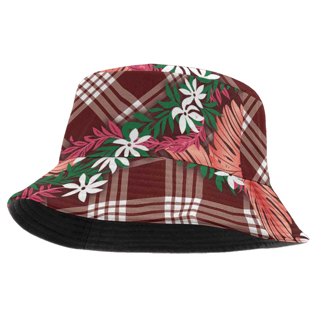 Polynesian Monstera Tiare Floral Bucket Hat Burgundy Tropical Plaid - Polynesian Pride