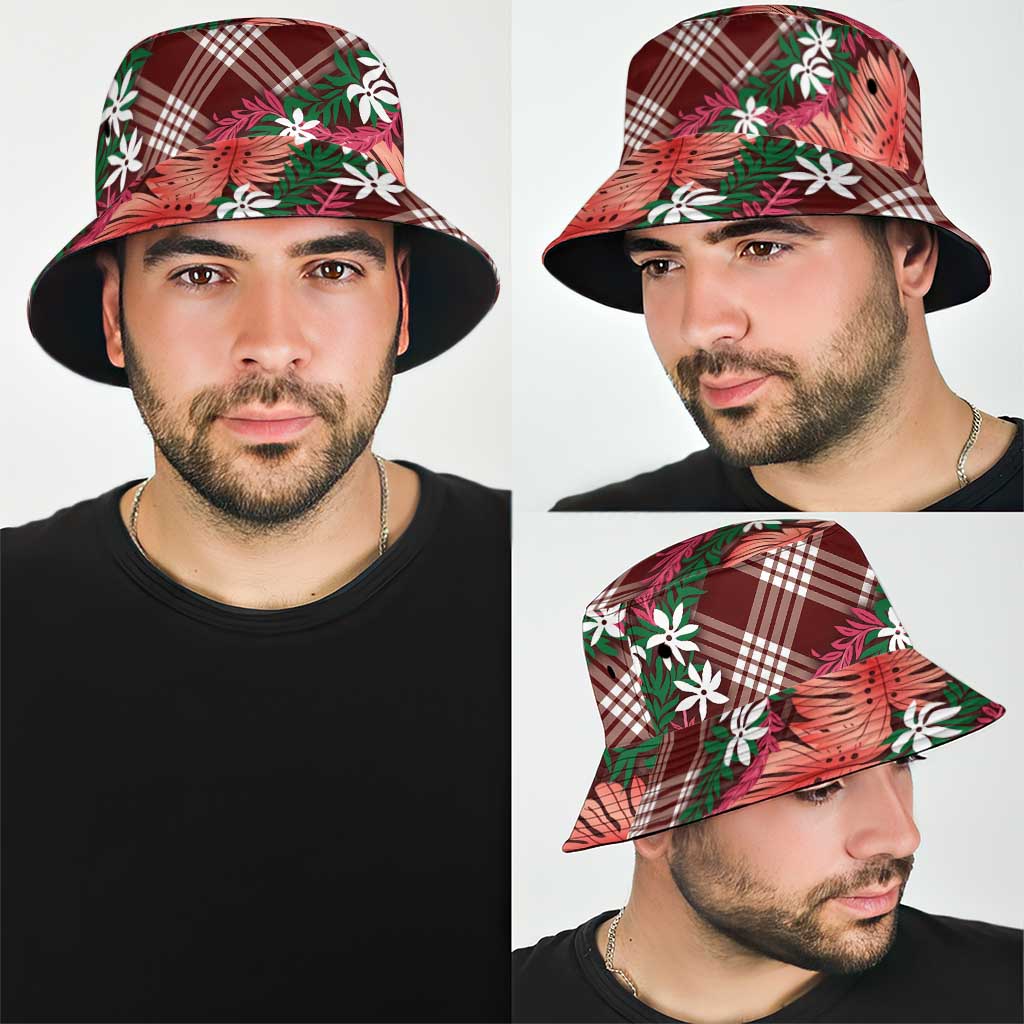 Polynesian Monstera Tiare Floral Bucket Hat Burgundy Tropical Plaid - Polynesian Pride