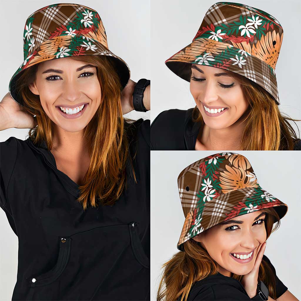 Polynesian Monstera Tiare Floral Bucket Hat Chocolate Brown Tropical Plaid - Polynesian Pride