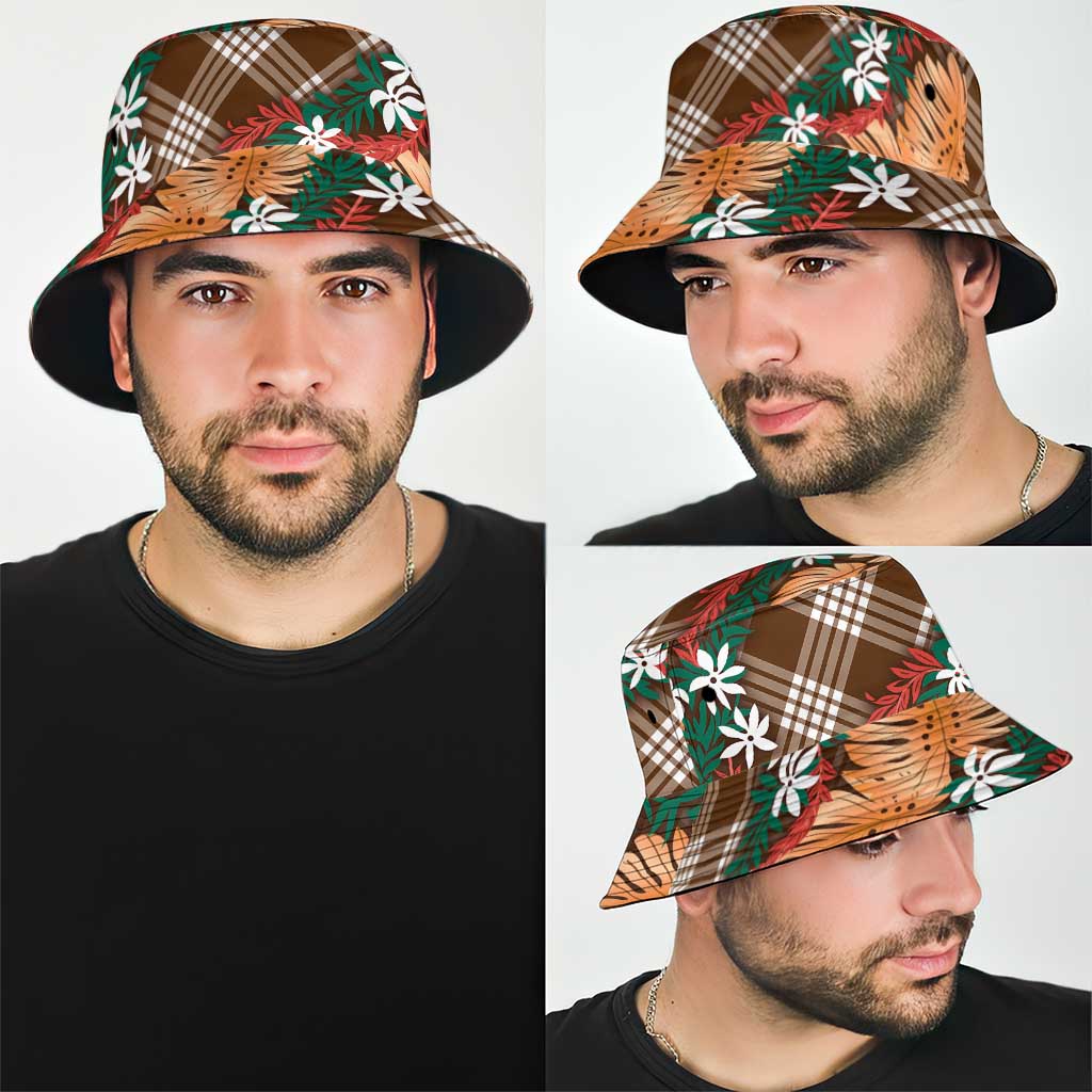 Polynesian Monstera Tiare Floral Bucket Hat Chocolate Brown Tropical Plaid - Polynesian Pride