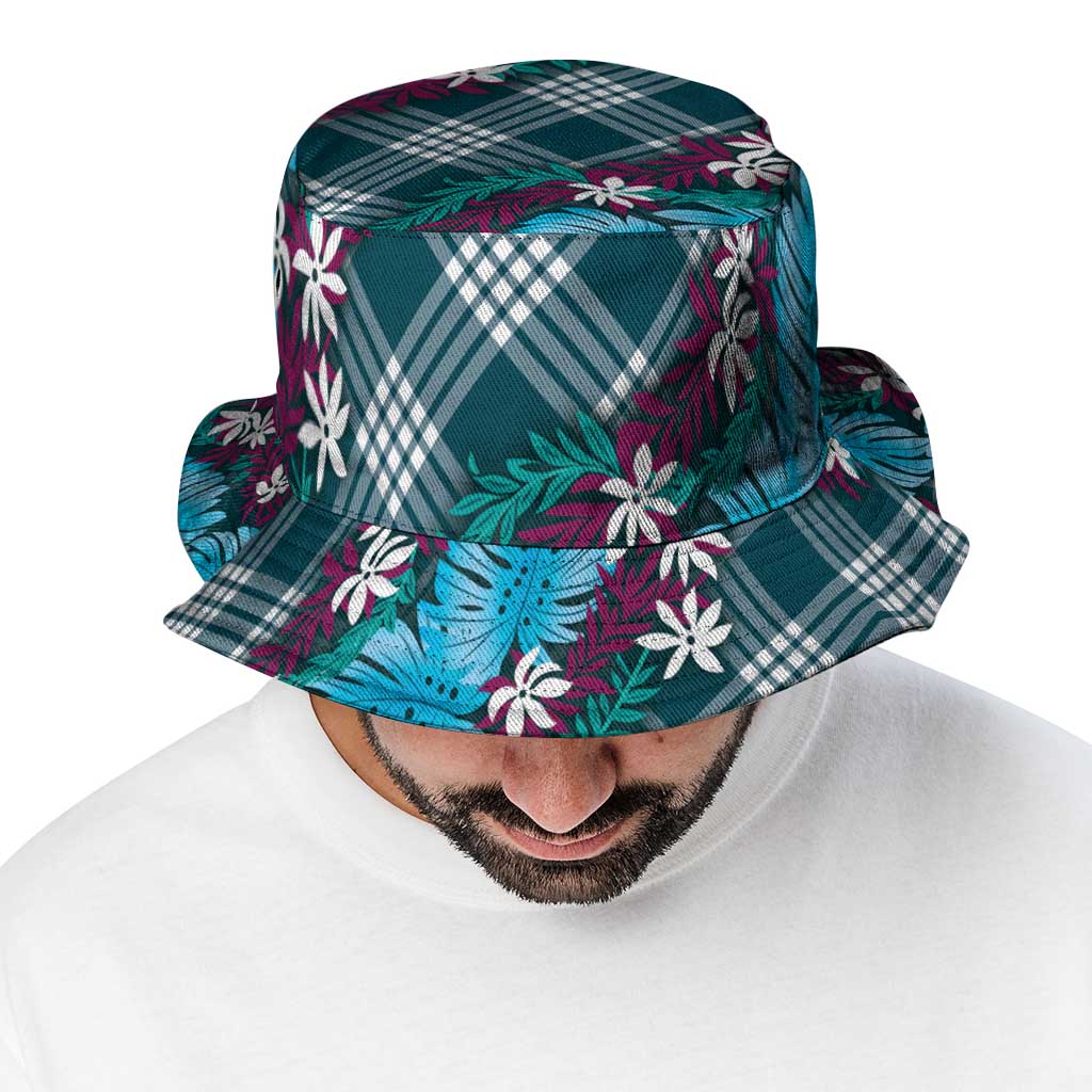 Polynesian Monstera Tiare Floral Bucket Hat Dark Teal Tropical Plaid - Polynesian Pride
