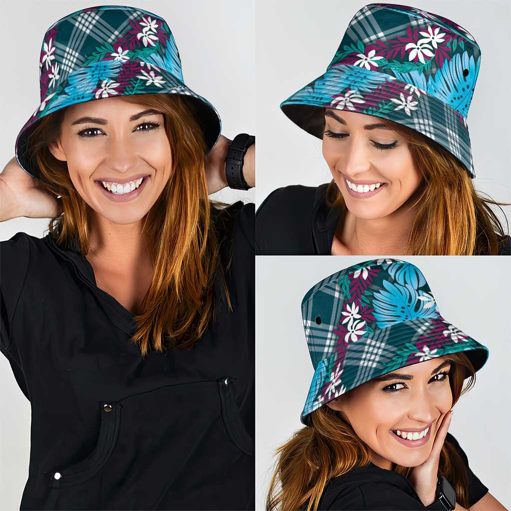 Polynesian Monstera Tiare Floral Bucket Hat Dark Teal Tropical Plaid - Polynesian Pride