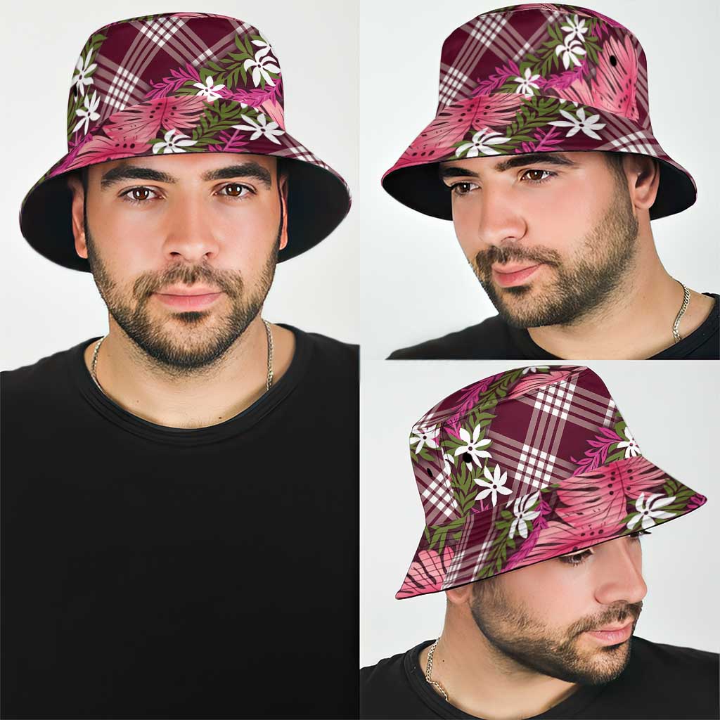 Polynesian Monstera Tiare Floral Bucket Hat Fuchsia Tropical Plaid - Polynesian Pride