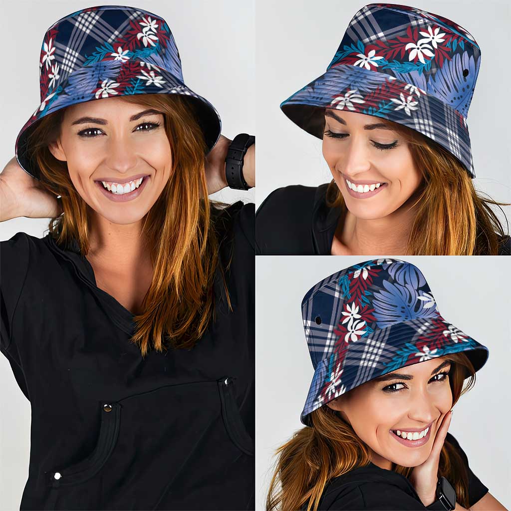 Polynesian Monstera Tiare Floral Bucket Hat Royal Blue Tropical Plaid - Polynesian Pride