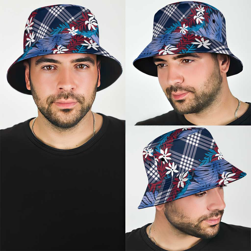 Polynesian Monstera Tiare Floral Bucket Hat Royal Blue Tropical Plaid - Polynesian Pride