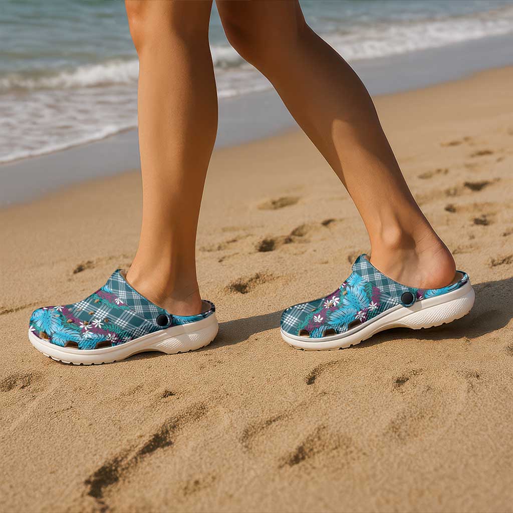 Polynesian Monstera Tiare Floral Clogs Shoes Dark Teal Tropical Plaid - Polynesian Pride