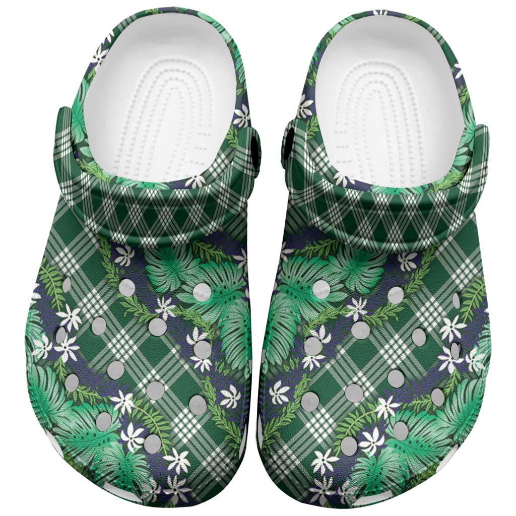 Polynesian Monstera Tiare Floral Clogs Shoes Forest Green Tropical Plaid - Polynesian Pride