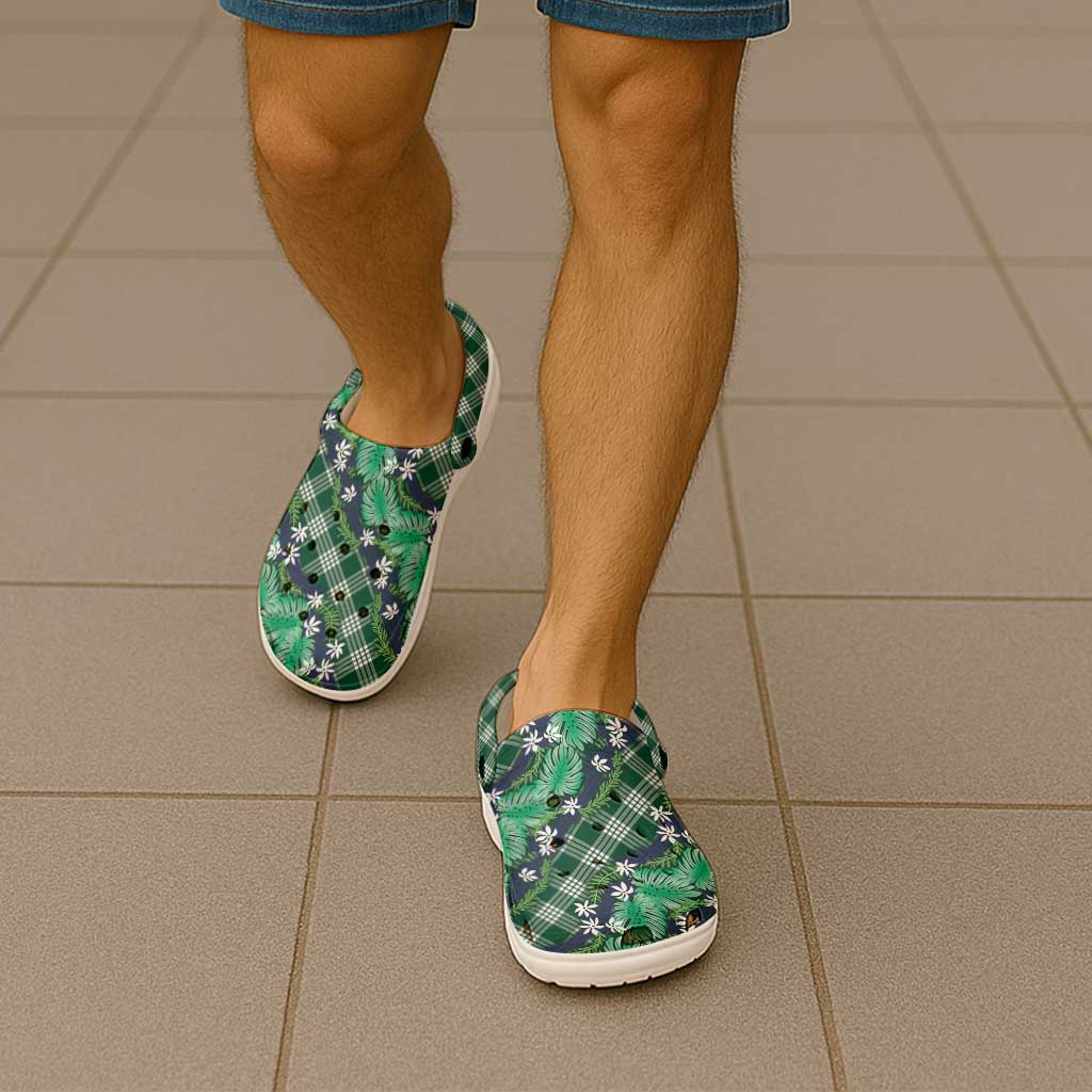 Polynesian Monstera Tiare Floral Clogs Shoes Forest Green Tropical Plaid - Polynesian Pride