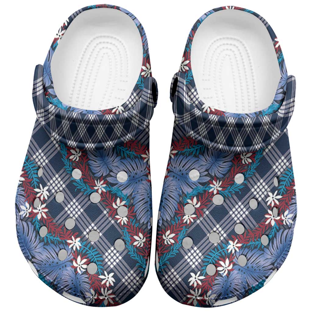 Polynesian Monstera Tiare Floral Clogs Shoes Royal Blue Tropical Plaid - Polynesian Pride
