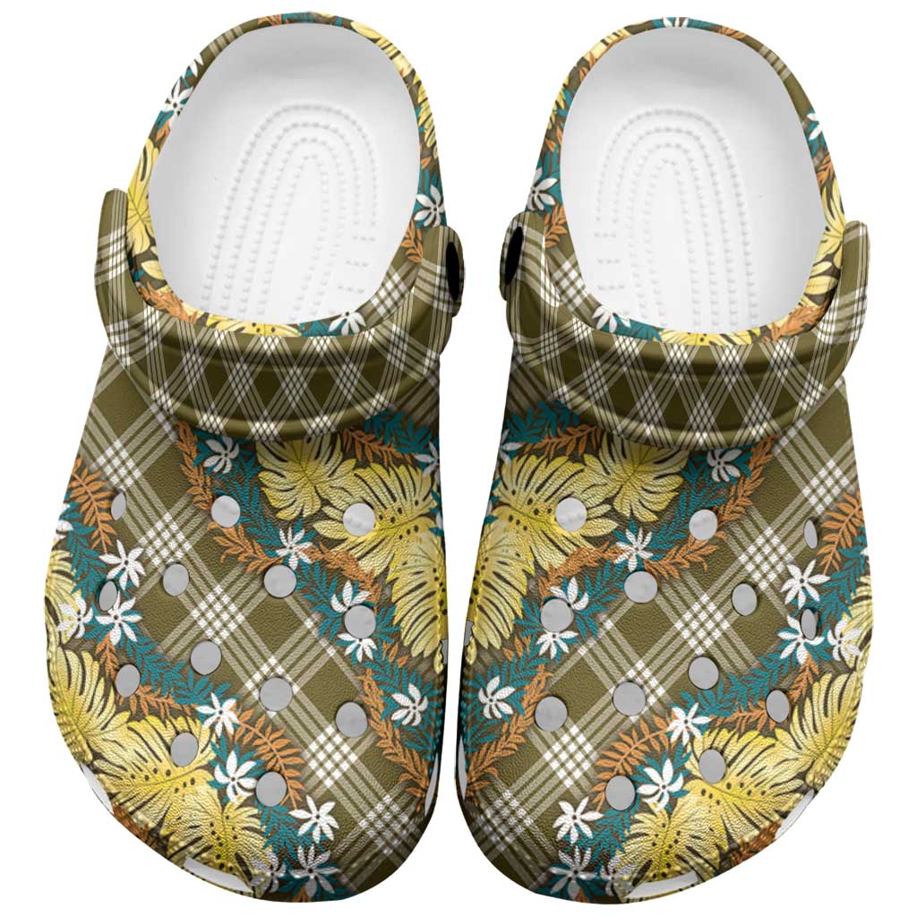 Polynesian Monstera Tiare Floral Clogs Shoes Yellow Tropical Plaid - Polynesian Pride