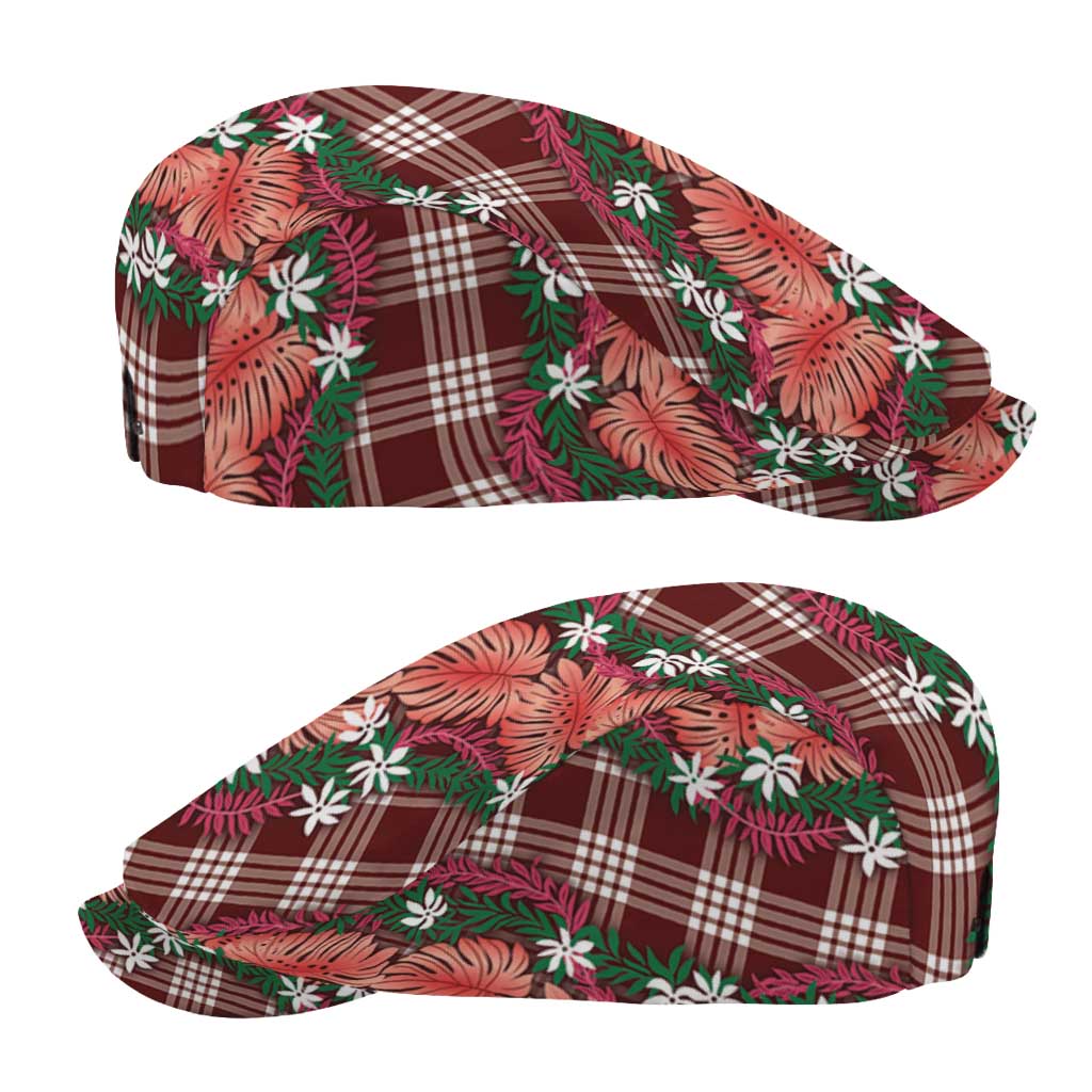 Polynesian Monstera Tiare Floral Jeff Hat Burgundy Tropical Plaid - Polynesian Pride