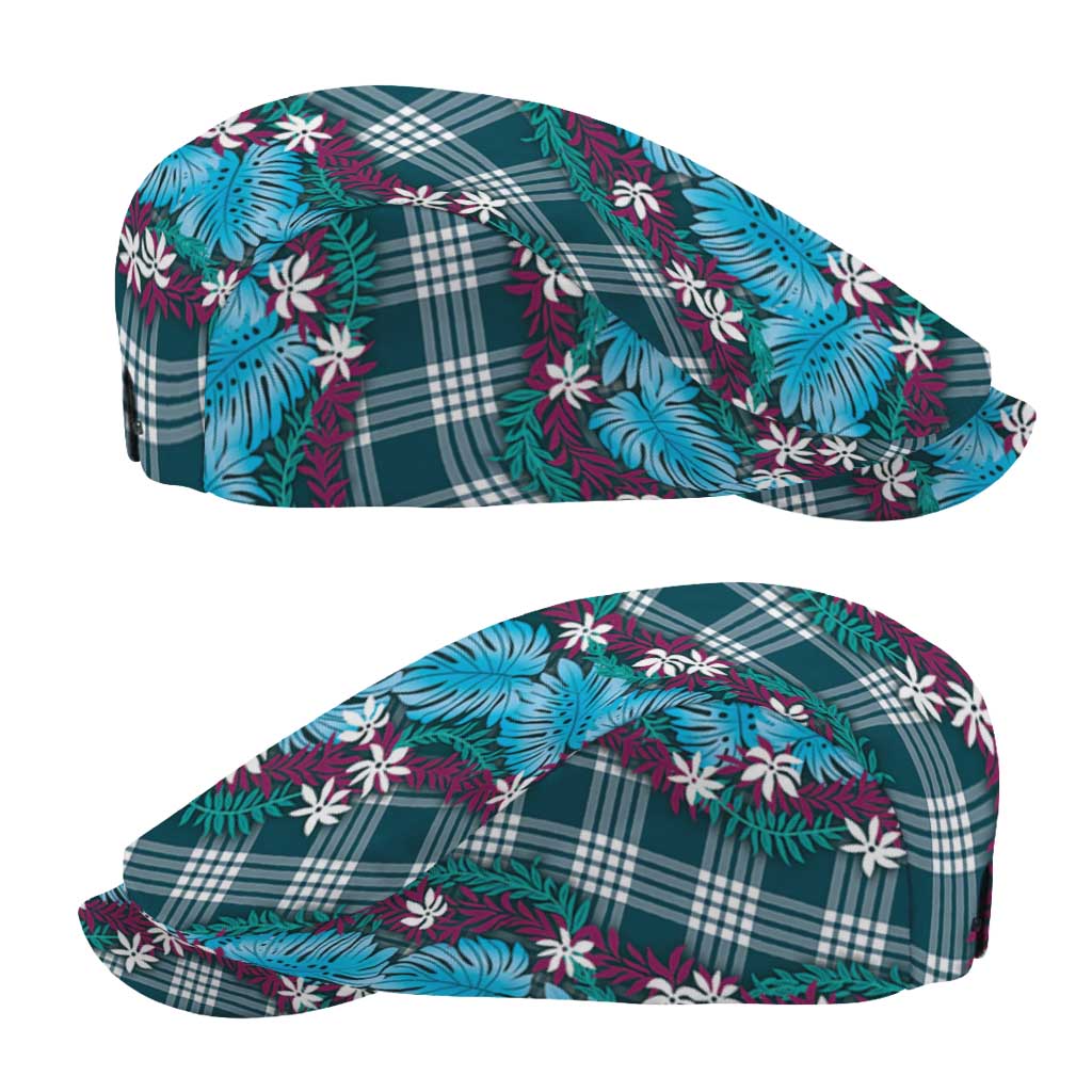 Polynesian Monstera Tiare Floral Jeff Hat Dark Teal Tropical Plaid - Polynesian Pride