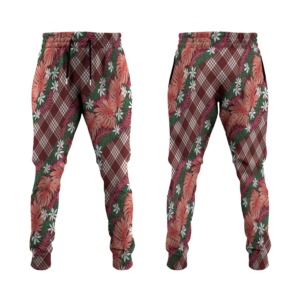 Polynesian Monstera Tiare Floral Jogger Pants Burgundy Tropical Plaid - Polynesian Pride