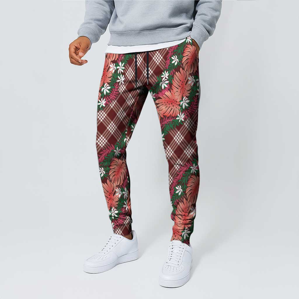 Polynesian Monstera Tiare Floral Jogger Pants Burgundy Tropical Plaid - Polynesian Pride