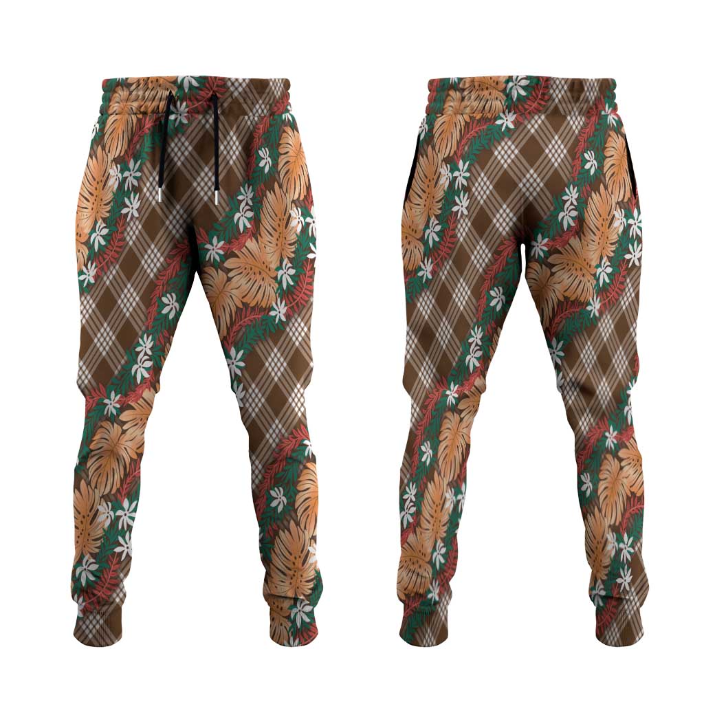 Polynesian Monstera Tiare Floral Jogger Pants Chocolate Brown Tropical Plaid - Polynesian Pride