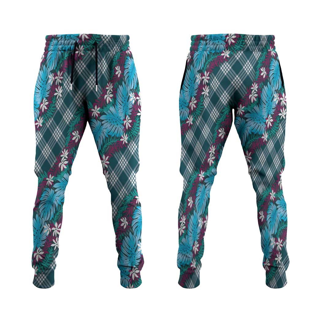 Polynesian Monstera Tiare Floral Jogger Pants Dark Teal Tropical Plaid - Polynesian Pride