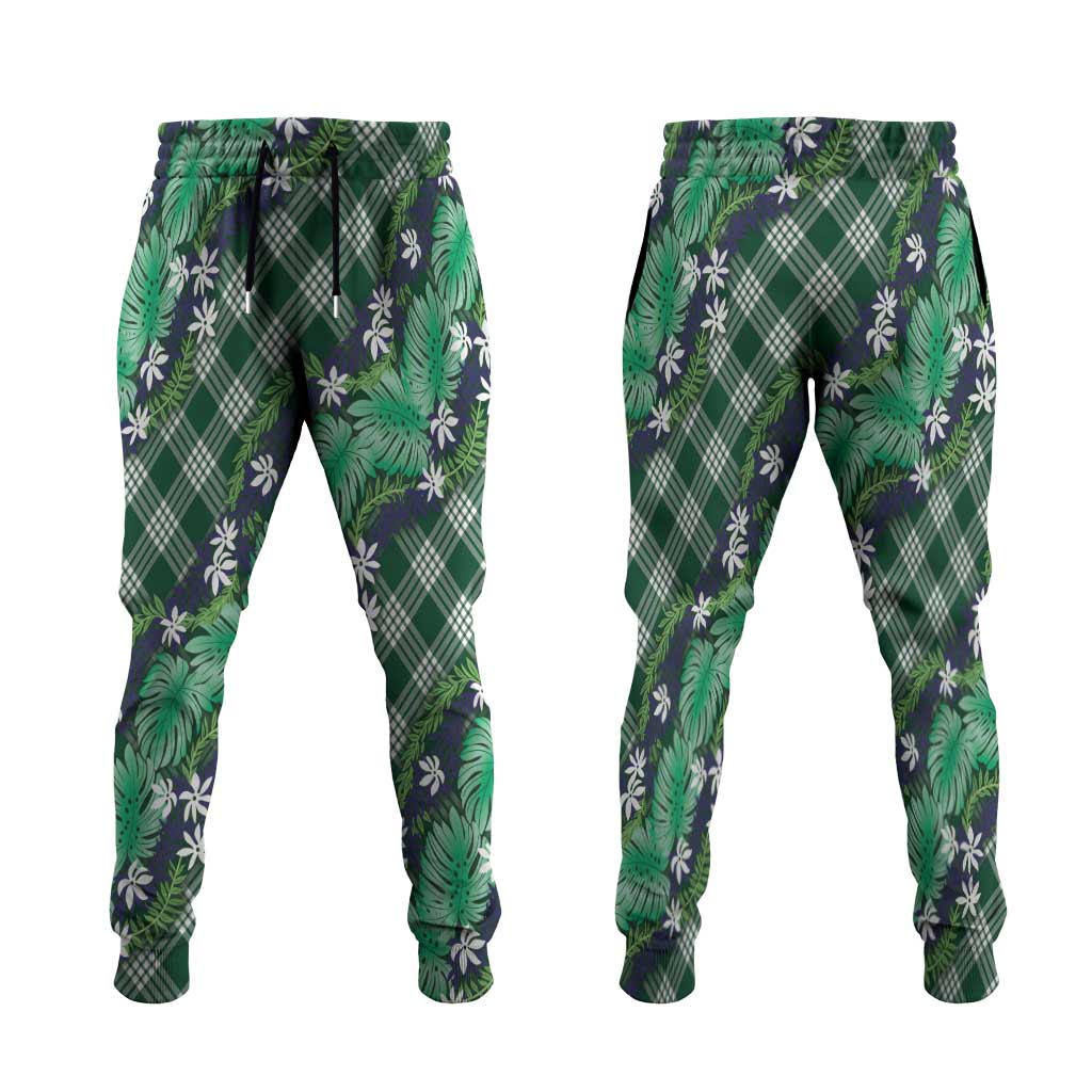 Polynesian Monstera Tiare Floral Jogger Pants Forest Green Tropical Plaid - Polynesian Pride