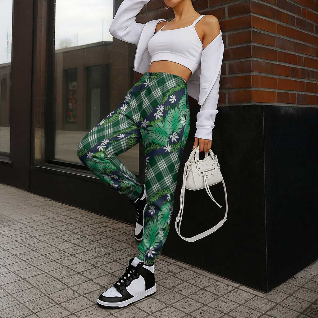 Polynesian Monstera Tiare Floral Jogger Pants Forest Green Tropical Plaid - Polynesian Pride