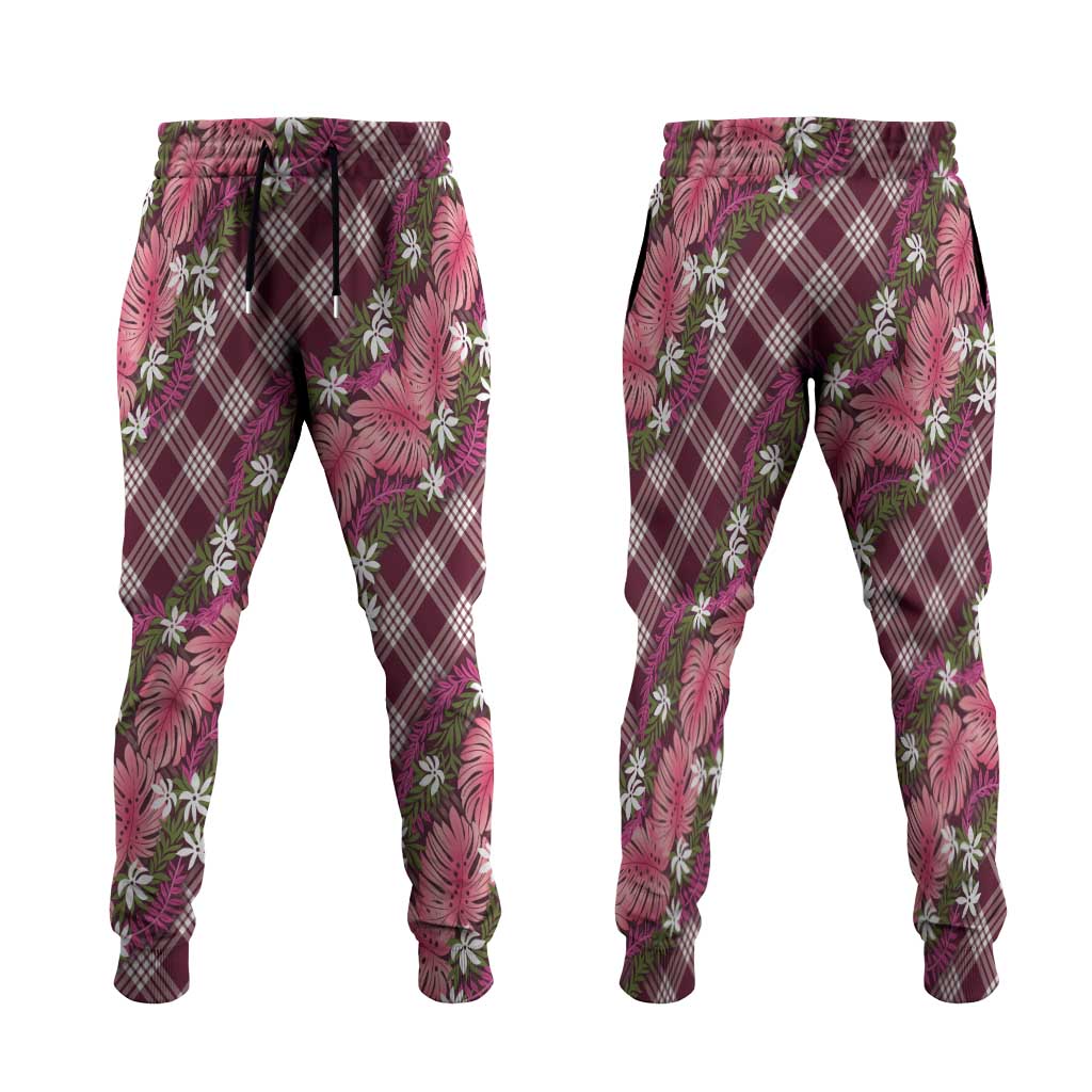 Polynesian Monstera Tiare Floral Jogger Pants Fuchsia Tropical Plaid - Polynesian Pride