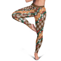 Polynesian Monstera Tiare Floral Leggings Chocolate Brown Tropical Plaid - Polynesian Pride