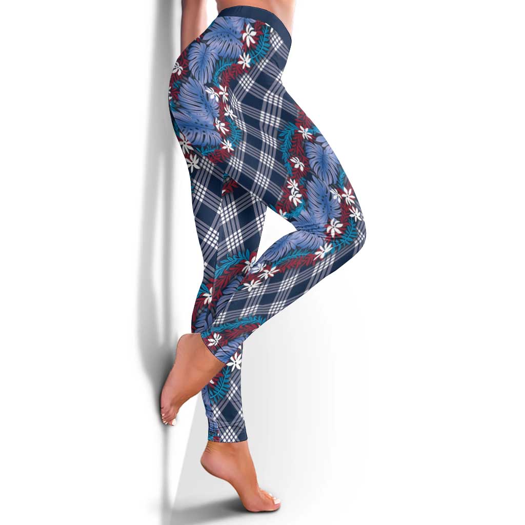 Polynesian Monstera Tiare Floral Leggings Royal Blue Tropical Plaid - Polynesian Pride