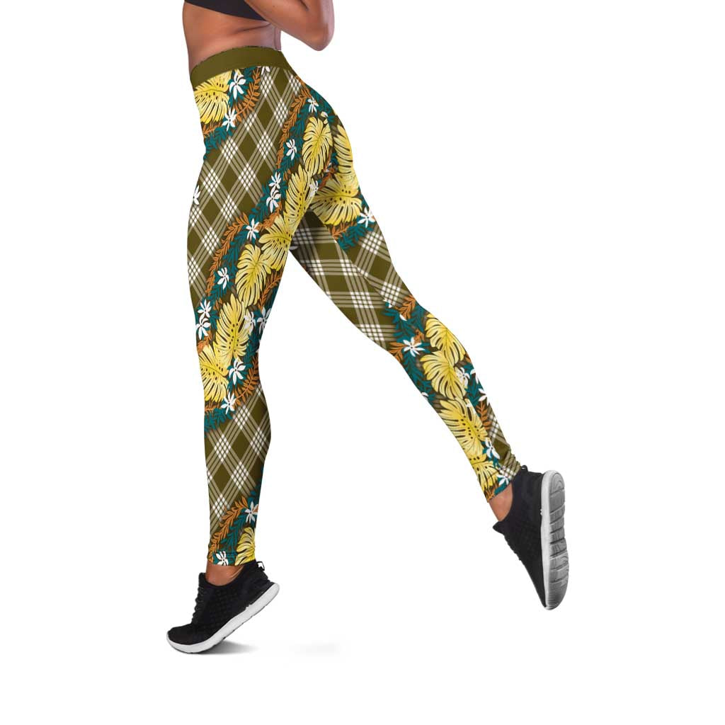 Polynesian Monstera Tiare Floral Leggings Yellow Tropical Plaid - Polynesian Pride
