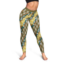 Polynesian Monstera Tiare Floral Leggings Yellow Tropical Plaid - Polynesian Pride