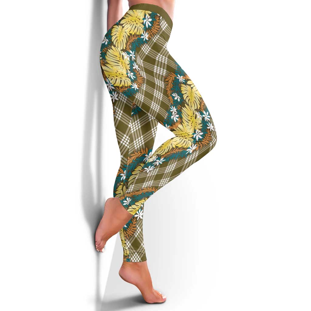 Polynesian Monstera Tiare Floral Leggings Yellow Tropical Plaid - Polynesian Pride