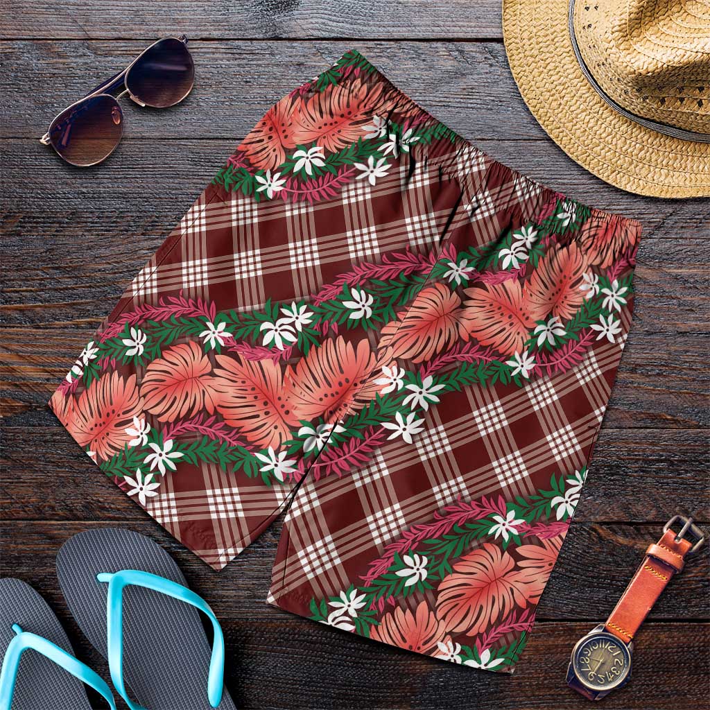 Polynesian Monstera Tiare Floral Shorts for Men Burgundy Tropical Plaid LT01 Red - Polynesian Pride
