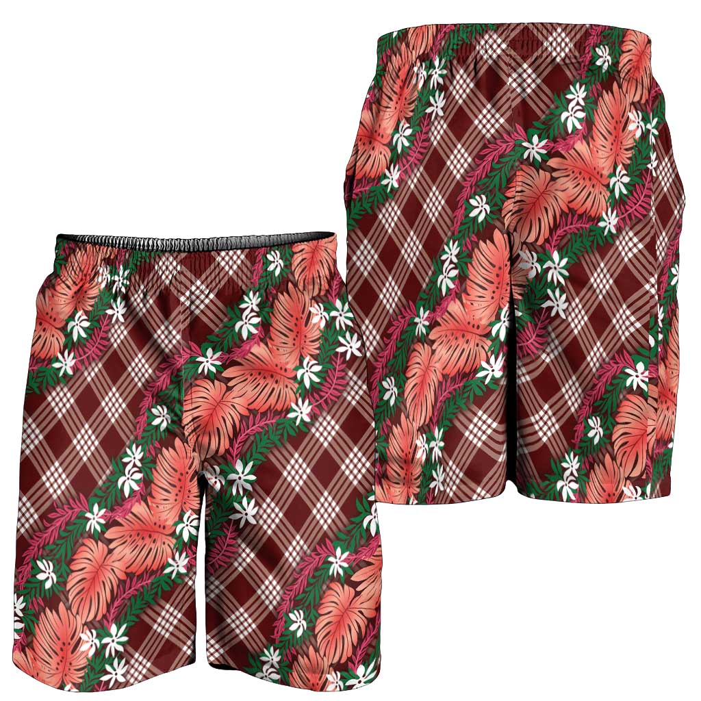 Polynesian Monstera Tiare Floral Shorts for Men Burgundy Tropical Plaid LT01 - Polynesian Pride