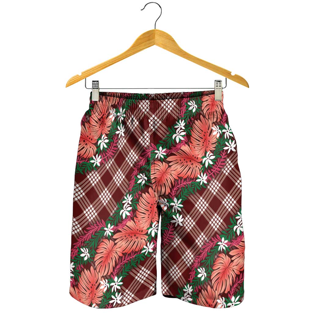 Polynesian Monstera Tiare Floral Shorts for Men Burgundy Tropical Plaid LT01 - Polynesian Pride