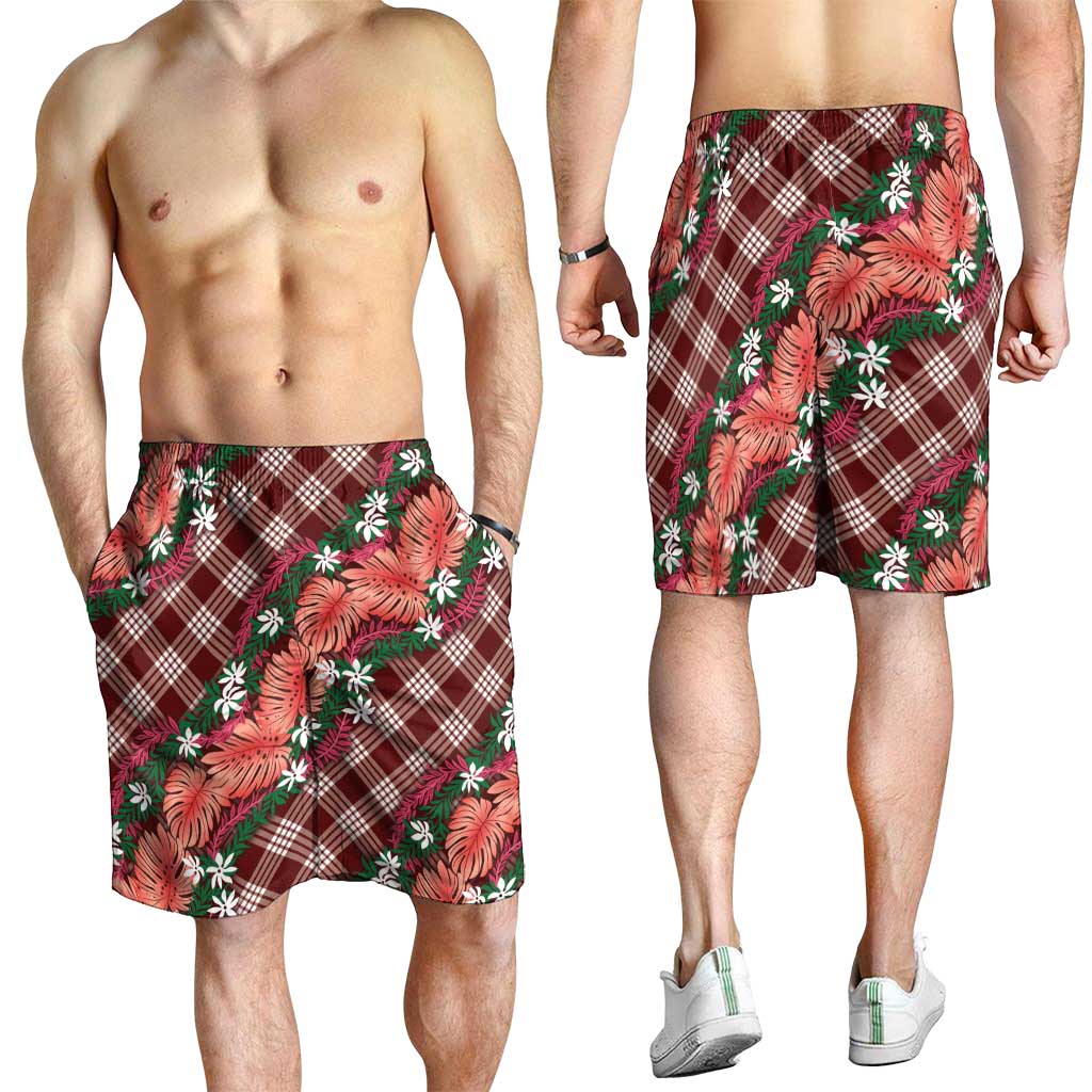 Polynesian Monstera Tiare Floral Shorts for Men Burgundy Tropical Plaid LT01 - Polynesian Pride