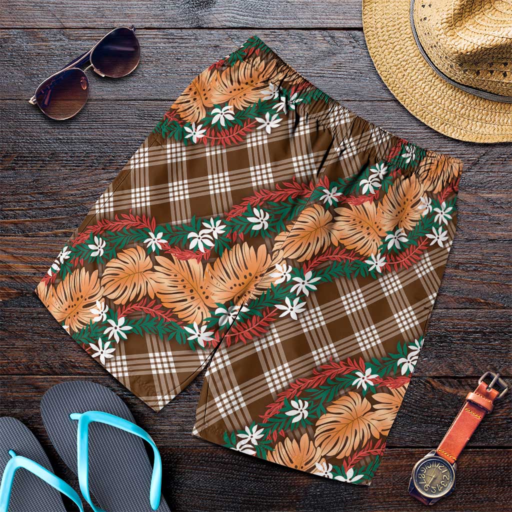 Polynesian Monstera Tiare Floral Shorts for Men Chocolate Brown Tropical Plaid LT01 Brown - Polynesian Pride