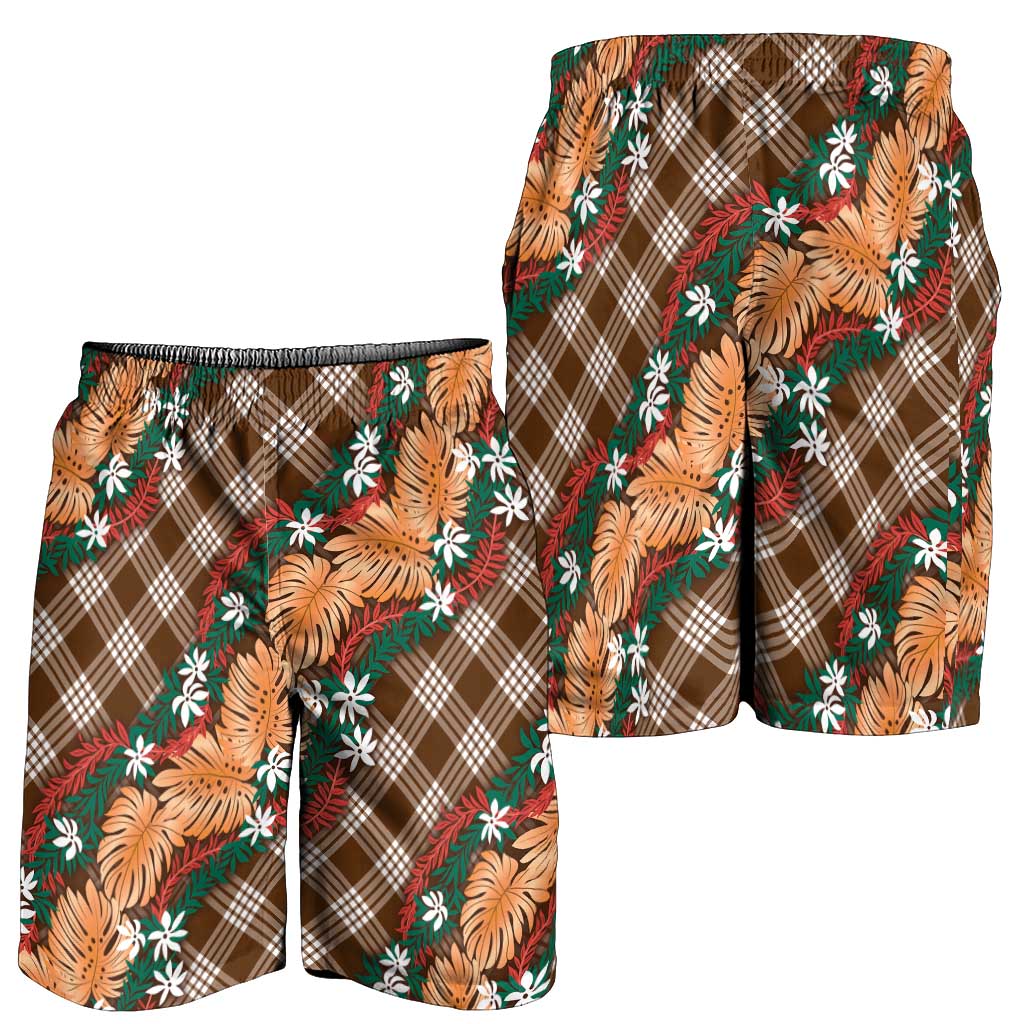 Polynesian Monstera Tiare Floral Shorts for Men Chocolate Brown Tropical Plaid LT01 - Polynesian Pride