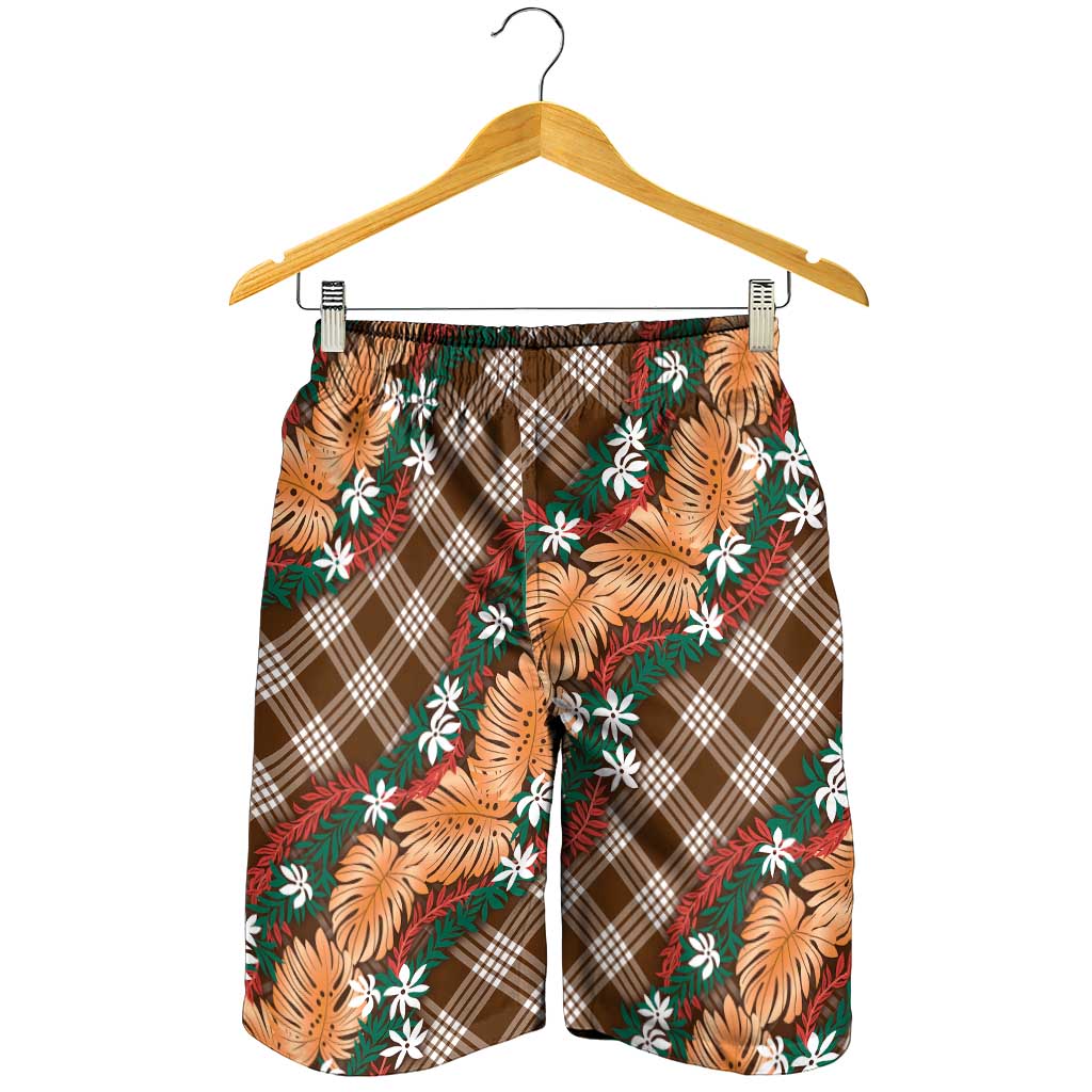 Polynesian Monstera Tiare Floral Shorts for Men Chocolate Brown Tropical Plaid LT01 - Polynesian Pride