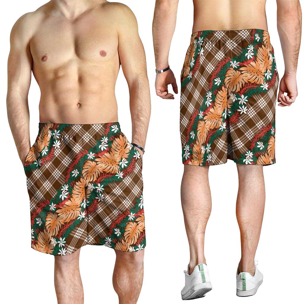 Polynesian Monstera Tiare Floral Shorts for Men Chocolate Brown Tropical Plaid LT01 - Polynesian Pride