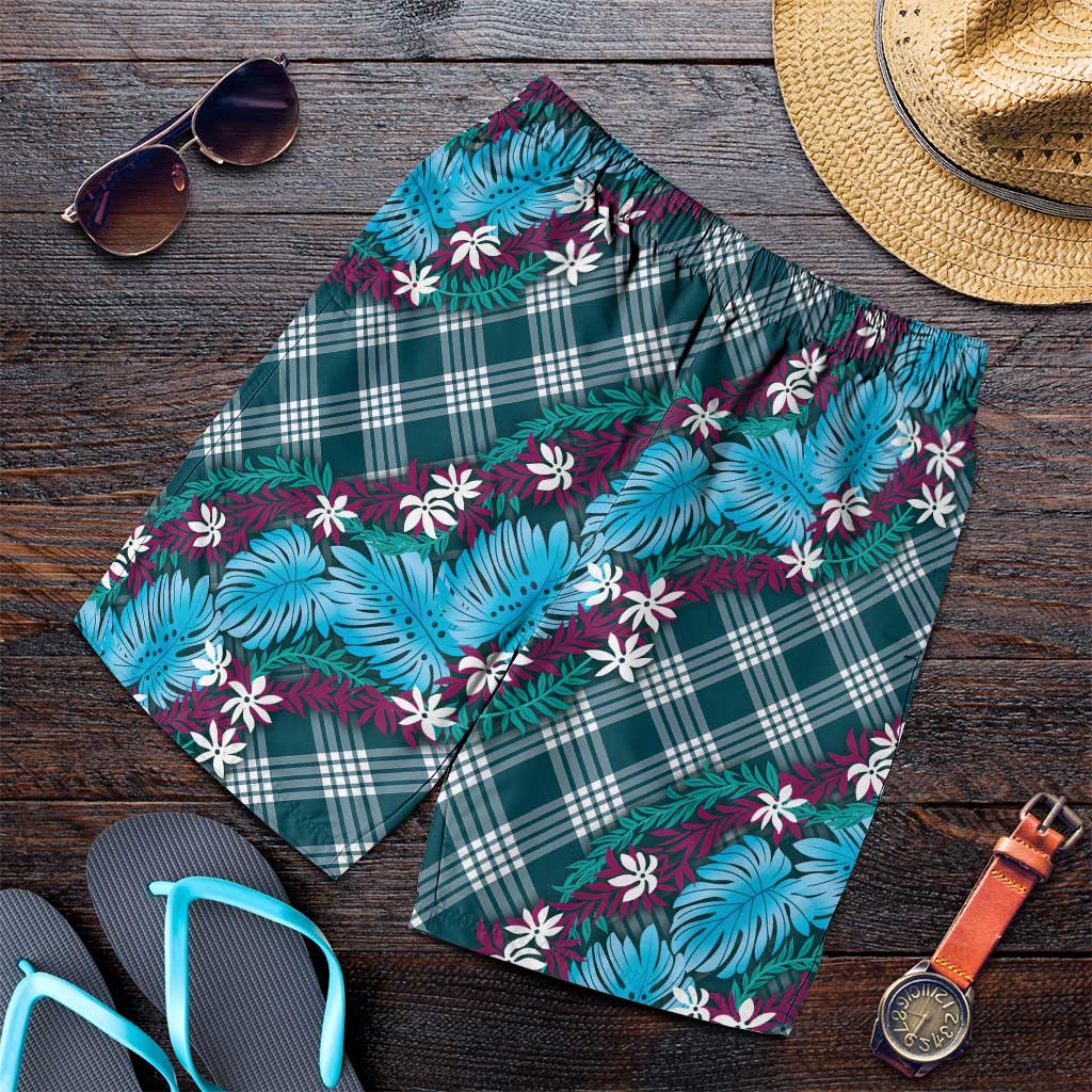 Polynesian Monstera Tiare Floral Shorts for Men Dark Teal Tropical Plaid LT01 Teal - Polynesian Pride